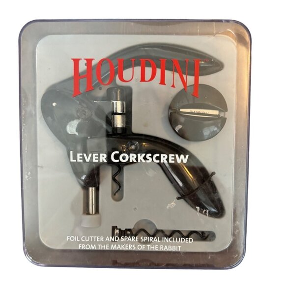 Houdini Lever Corkscrew Wine Opener Set With Foil Cutter & Spare Spiral In Black - Picture 3 of 6